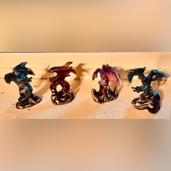 Metallic Colorful Rune Elemental Dragons On Rocks Miniature Figurines Set Of 4 - Picture 9 of 10